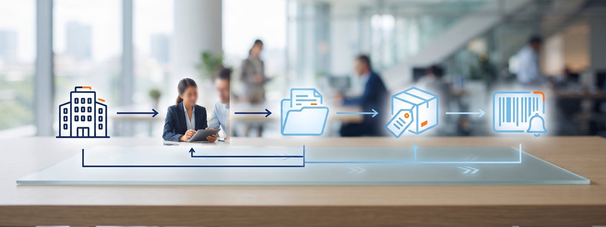 Süreç infografiği: firma kaydı → teknik eleman → dosya → etiket → ÜTS bildirimi